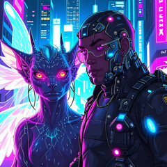 cyberpunk inventor with a magical companion