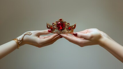 Close up of senior woman presenting crown to young lady s hands on white background