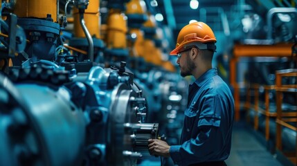 A man in a blue shirt and orange helmet is working on a machine
