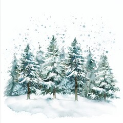 Watercolor painting of a tranquil snowy forest, with soft snowflakes falling and covering pine trees, on isolated white background, Generative AI