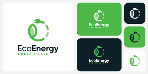 Renewable energy vector logo design of leaf and electric plug in modern, simple, clean and abstract style.