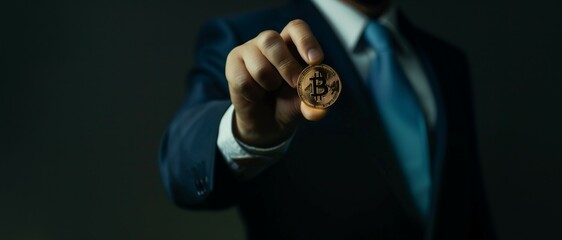 Businessman Holding Bitcoin in Focus