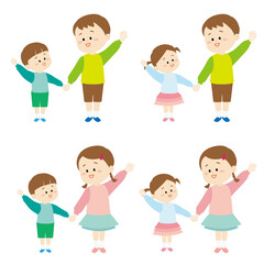 手を繋いで横断している兄弟のセットイラスト