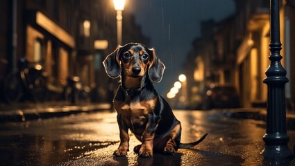 dog in the night portrays a soaking wet cute Dachshund puppy sitting under a dimly lit street lamp in a dark and rainy night