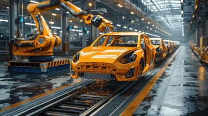 A yellow car is being built in a factory