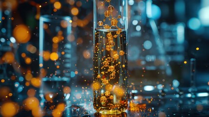 A glass beaker filled with a yellow liquid is surrounded by a blurry background
