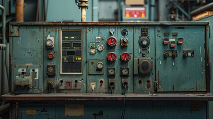 A large, old-fashioned control panel with a lot of knobs and dials