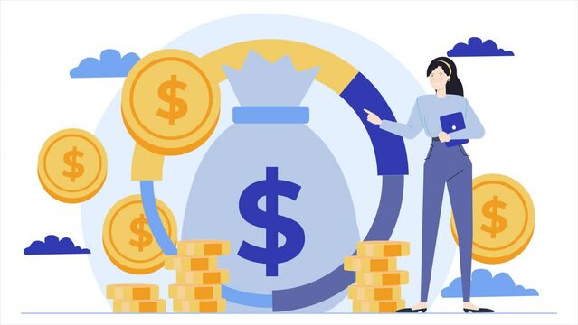 finance investment saving management with a woman character business animated illustration video