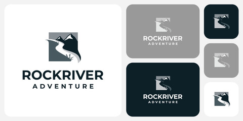 Mountain and river landscape vector logo design with modern, simple, clean and abstract style.