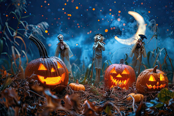 Spooky Pumpkin Head Halloween Background with Glowing Eyes