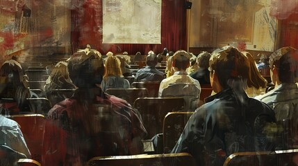 Obraz premium Young adults in a college lecture hall, attentive and engaged, digital painting, higher education