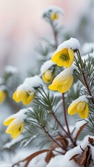 Fototapeta premium aesthetic image of winter with winter aconite in paste background