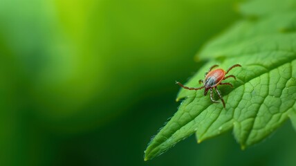 Naklejka premium Close-up of a Tick on a Green Leaf in a Natural Environment with Blurred Background