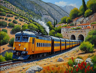 The cascade rail train from Kalavrita to Diakofto in Greece.Oil painting
