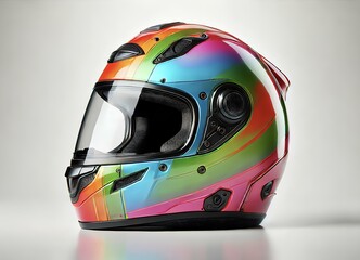 Fototapeta premium A vibrant, multi-colored motorcycle helmet with a sleek design, visor, and sturdy outer shell, set against a plain white background.