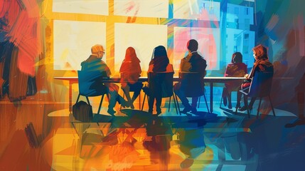 Parent-teacher meeting, collaborative and constructive, digital illustration, partnership in education