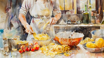 Italian pasta making in a family kitchen, warm and inviting, watercolor, culinary tradition