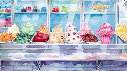 Ice cream shop offering collagen-infused flavors, whimsical and delicious, watercolor, sweet health