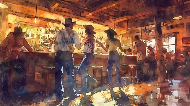 Country line dancing at a rustic bar, lively and traditional, digital watercolor, country music scene