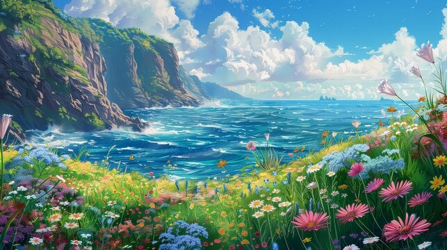 Cliffside view of the ocean with wildflowers, spring, vibrant digital illustration, scenic coast