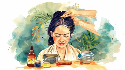 Ayurvedic head massage with natural oils, educational sketch, traditional wellness