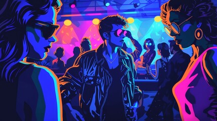 80s pop night at a nightclub, retro fashion and music, vibrant digital illustration, nostalgic dance party