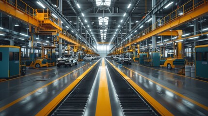 Fototapeta premium Future of Mobility: Panoramic View of New Energy Vehicles in a Large, Realistic Factory Setting, Showcasing Contemporary Industrial Progress