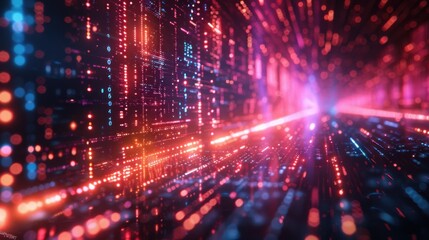 Fototapeta premium A colorful, abstract image of a cityscape with neon lights and a bright red line