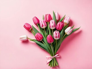pink tulips on pink paper background.