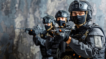 Urban Camouflage, A SWAT Team in Black Tactical Gear Melts into the Shadows, Awaiting Their Next Move