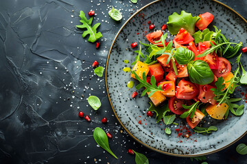 A colorful salad plate filled with a variety of vegetables, including tomatoes, and bell pepper, garnished with white sesame seeds, creates an appetizing and healthy meal presentation.