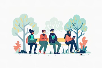 Fototapeta premium Friends Sitting on Bench in Park