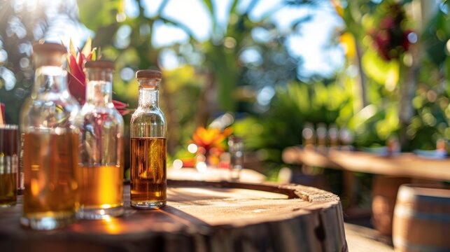 A wooden tasting table set up in a picturesque outdoor setting where customers can sample and learn about the different artisanal tropical liqueurs offered.