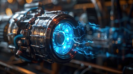 Obraz premium Hyperrealistic Electric Motor with Blue Light Emission, Multi-Layered Composition, High-Angle Macro Shot in Innovative Page Design,