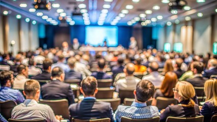 Conference Audience Blur: A blurred background of an audience at a conference or seminar, with rows of seats and people listening attentively.

