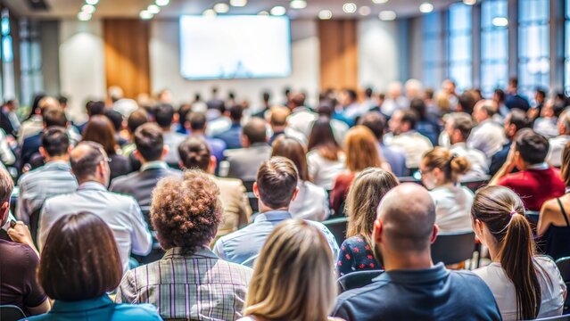Conference Audience Blur: A blurred background of an audience at a conference or seminar, with rows of seats and people listening attentively.

