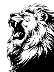 A lion with its mouth open and teeth bared. The lion is roaring and he is angry