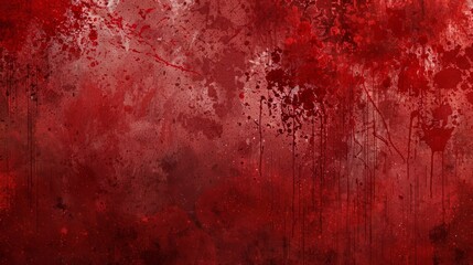 Vivid red wall with unsettling blood splatter pattern. Powerful and evocative imagery.