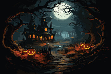 halloween background with haunted house, castle, cemetery, graveyard, scary, spooky, horror scene vector and illustration 