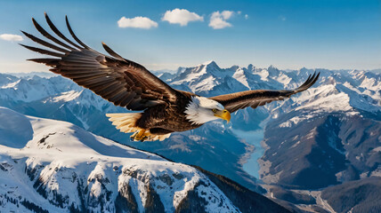 A majestic eagle soaring above snowy peaks