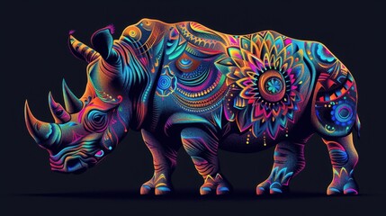 Vibrant Neon Rhino with Intricate Patterns on Dark Background - Digital Art Illustration