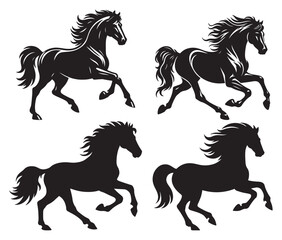 Running horse black silhouette set. Vector illustration
