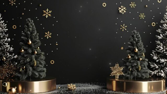 Modern Black And Golden Podium. Podium with golden round shape on black background. Pine forest in the back, golden lights and stars. Copy space area for text. 