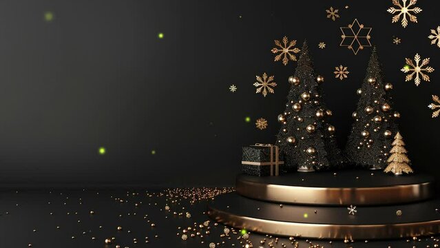 Modern Black And Golden Podium. Podium with golden round shape on black background. Pine forest in the back, golden lights and stars. Copy space area for text. 