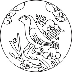 線画円形花札　鶯　如月　梅　2月　梅に鶯