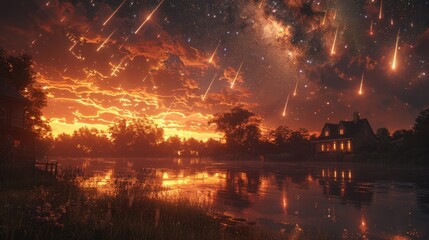 A breathtaking meteor shower lights up the night sky, with countless fiery streaks trailing across the heavens. The simulation captures the awe-inspiring spectacle of falling meteors, illuminating