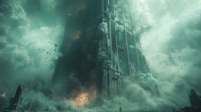 A towering skyscraper implodes in a controlled demolition, with dust and debris filling the air. The simulation captures the precise and powerful destruction effects, showcasing the dramatic collapse