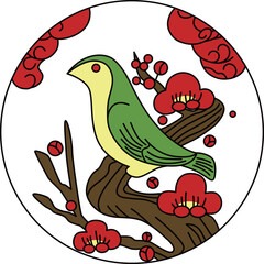 カラー円形花札　鶯　如月　梅　2月　梅に鶯