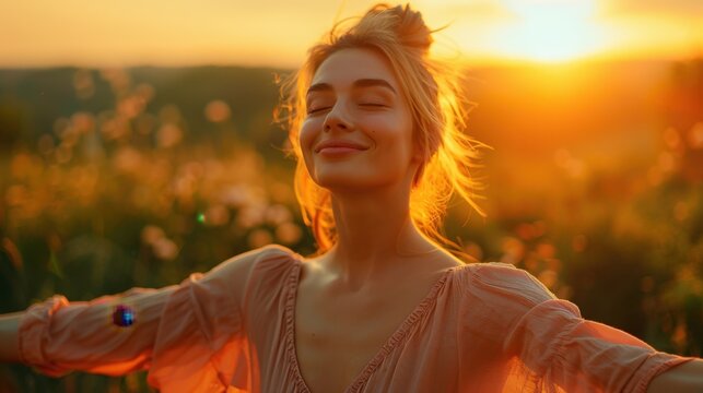 Under the amber hues of a setting sun, a woman stands, arms outstretched, eyes closed, face serene. She basks in the warm glow, a picture of peace and contentment.
