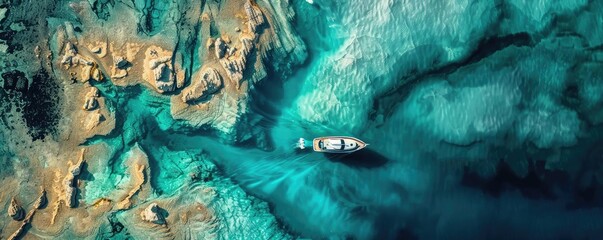 Naklejka premium Aerial view of a boat cruising through clear turquoise waters surrounded by rocky formations, showcasing natural beauty and tranquility.